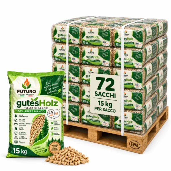 Bancale di Pellet Futuro gutesHolz 100% Abete Bianco (72 sacchi da 15 kg - 1.080 kg)